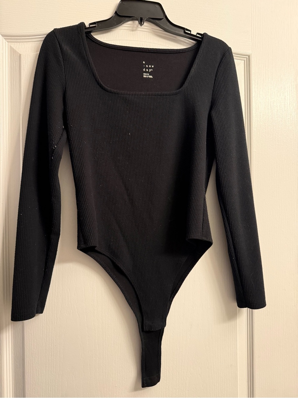 a new day Black Ribbed Long-Sleeve Square-Neck Bodysuit